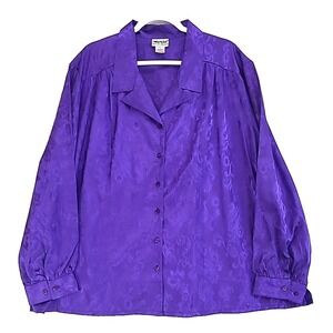 Anrhony Richards Womens Blouse 24W Button Up Purple Satin Paisley Floral Vtg